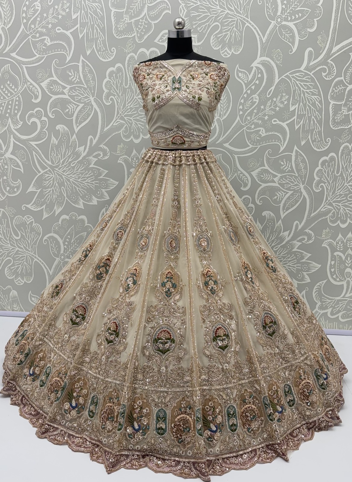 Beige Net Golden Beads ,Multi-color Thread, Sequin Handwork Semi-Stitched Lehenga Choli